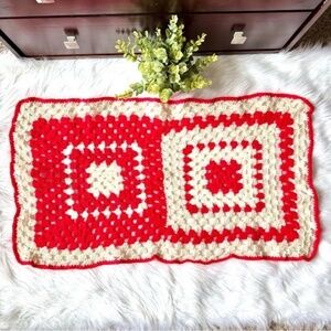Handmade Crochet Granny Square Blanket – Red & Cream – Small
